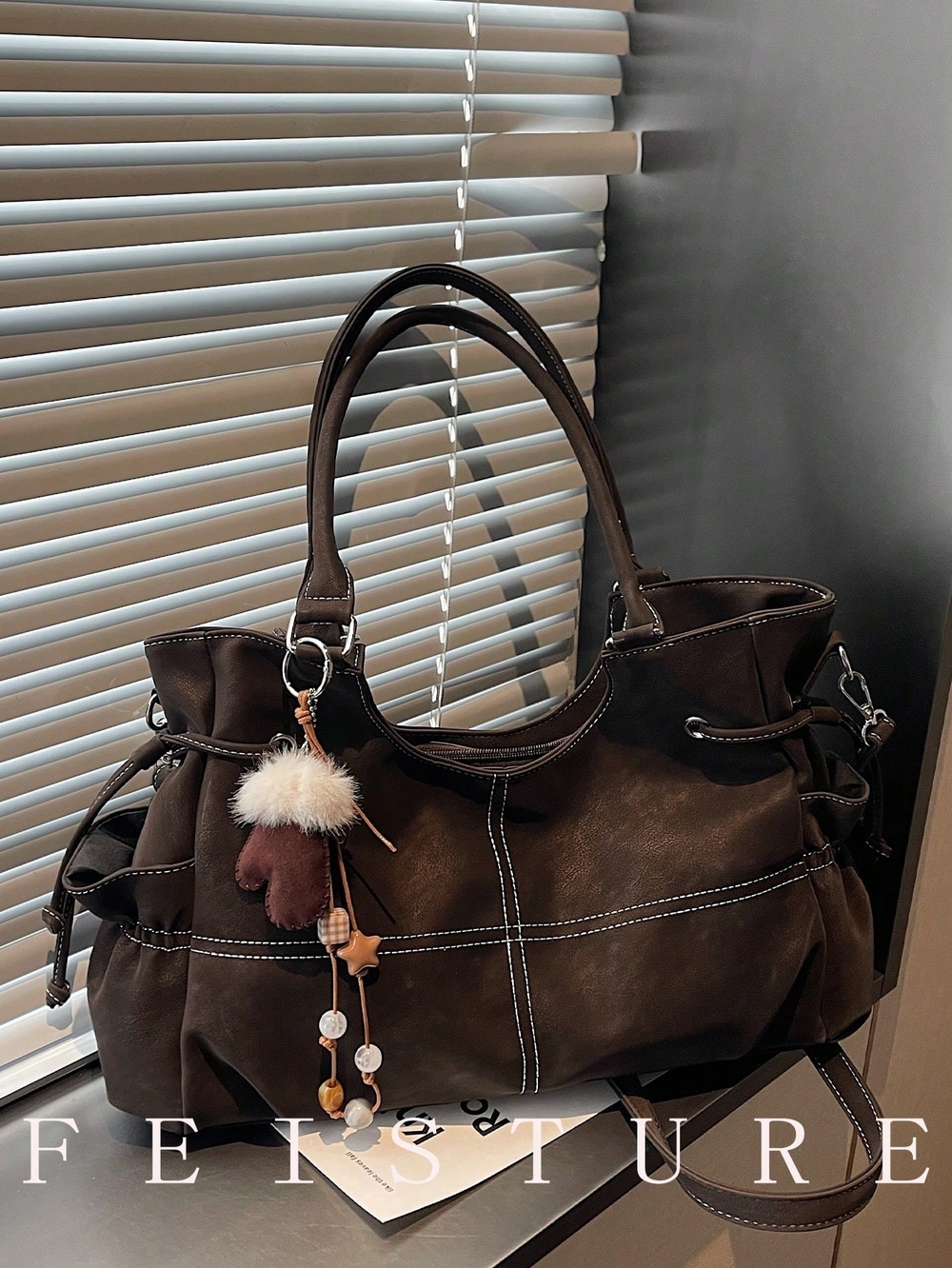 Dark Brown Women’s Tote Bag that Is Faux Suede. Charm not Included.